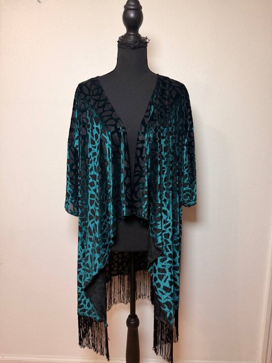 LuLaRoe Sweaters - LulaRoe Teal Black Burnout Velvet Fringe Kimono Boho Festival Duster Large
